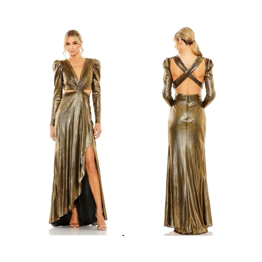 Mac Duggal 27060 Cut Out Waist Metallic Gold Gown Evening Size 4 NWT Retail$498